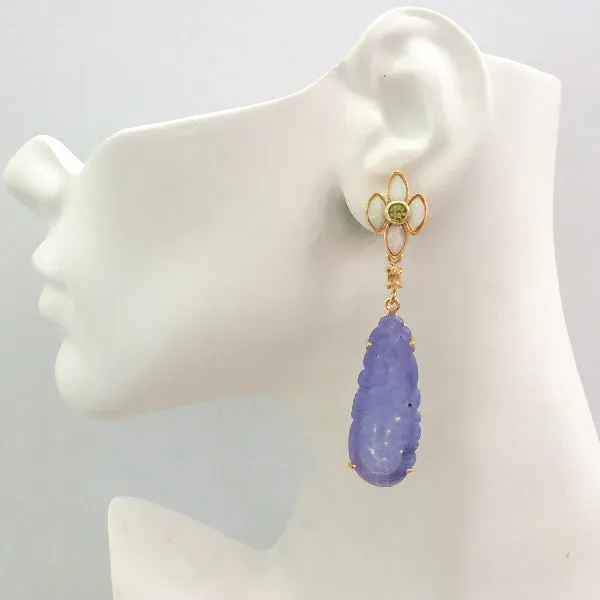 White Opal and Peridot Stud with Citrine and Carved Lavender Jade Twinset Earrings