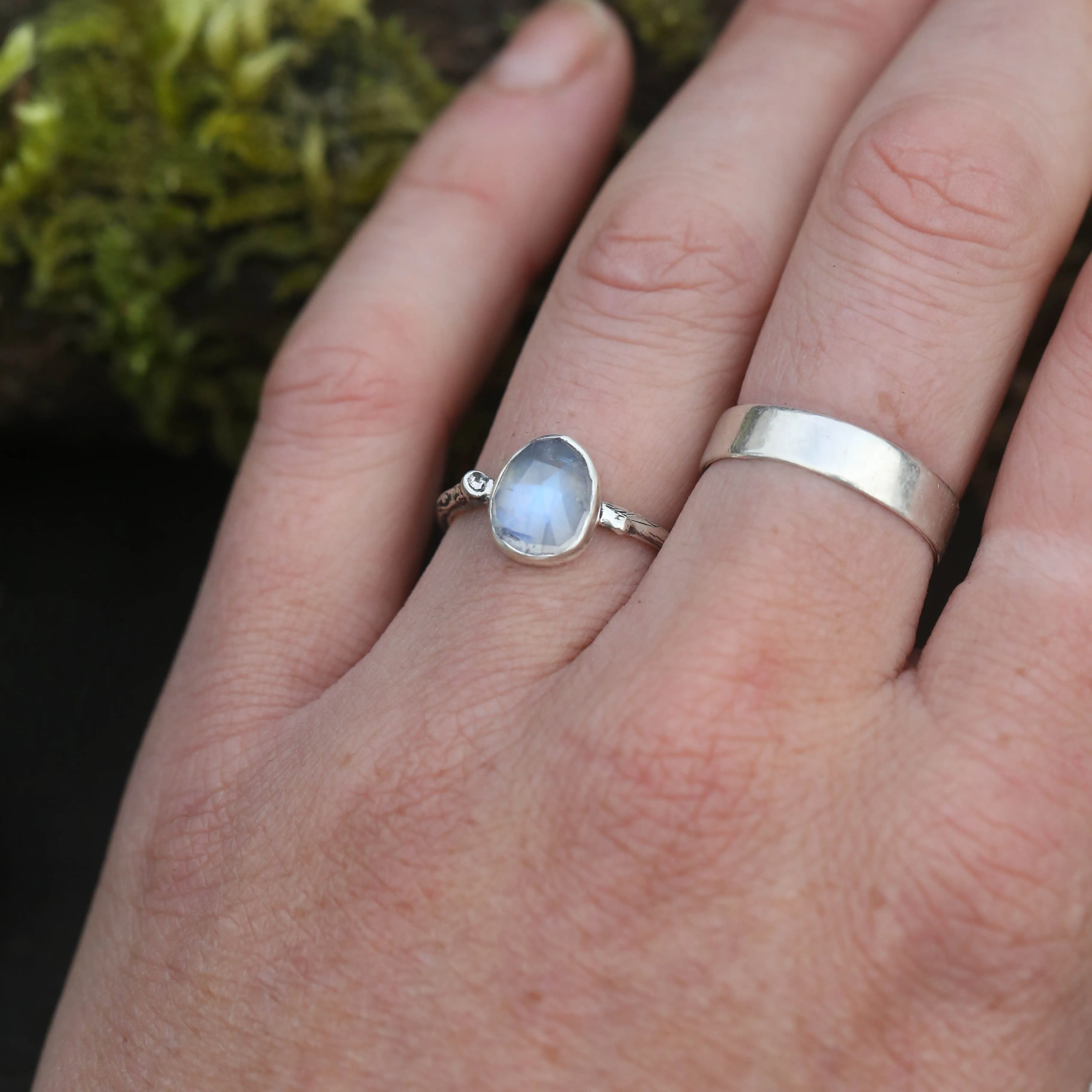 Woodland Twig Rings with Moonstone, Garnet, and Turquoise