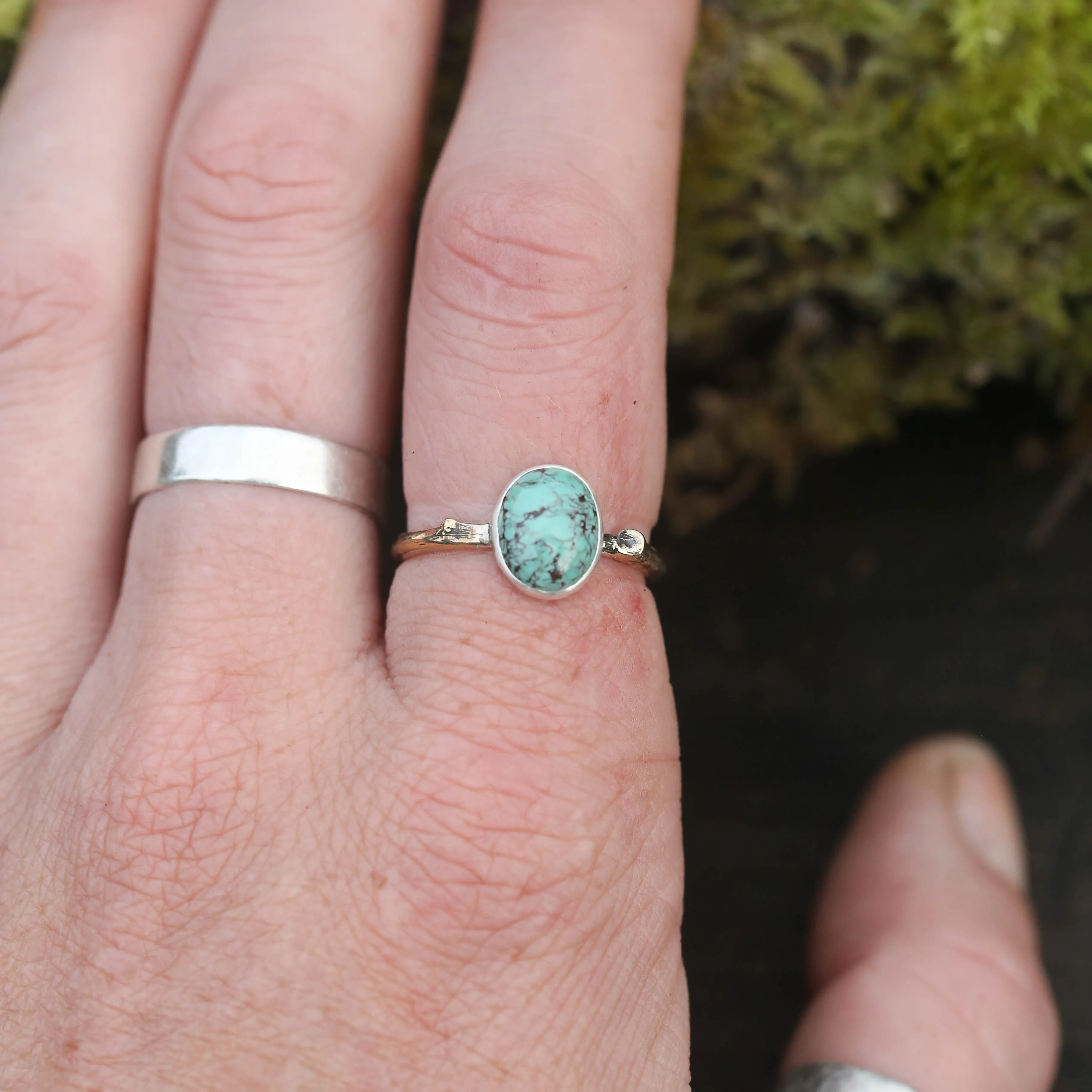 Woodland Twig Rings with Moonstone, Garnet, and Turquoise